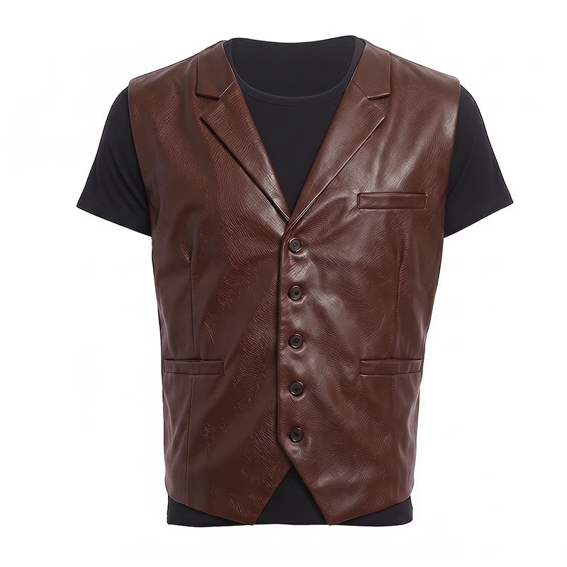 Gilet da uomo in pelle stile western vintage con revers a tacca - image 17