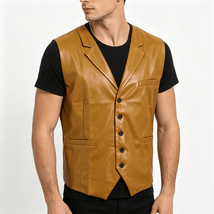 Gilet da uomo in pelle stile western vintage con revers a tacca - image 2
