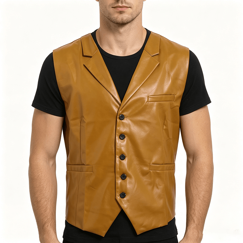 Gilet da uomo in pelle stile western vintage con revers a tacca - image 1