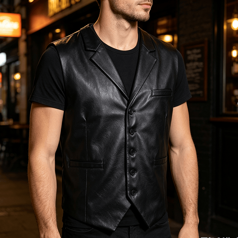 Gilet da uomo in pelle stile western vintage con revers a tacca - Nero - 2XL - image 4