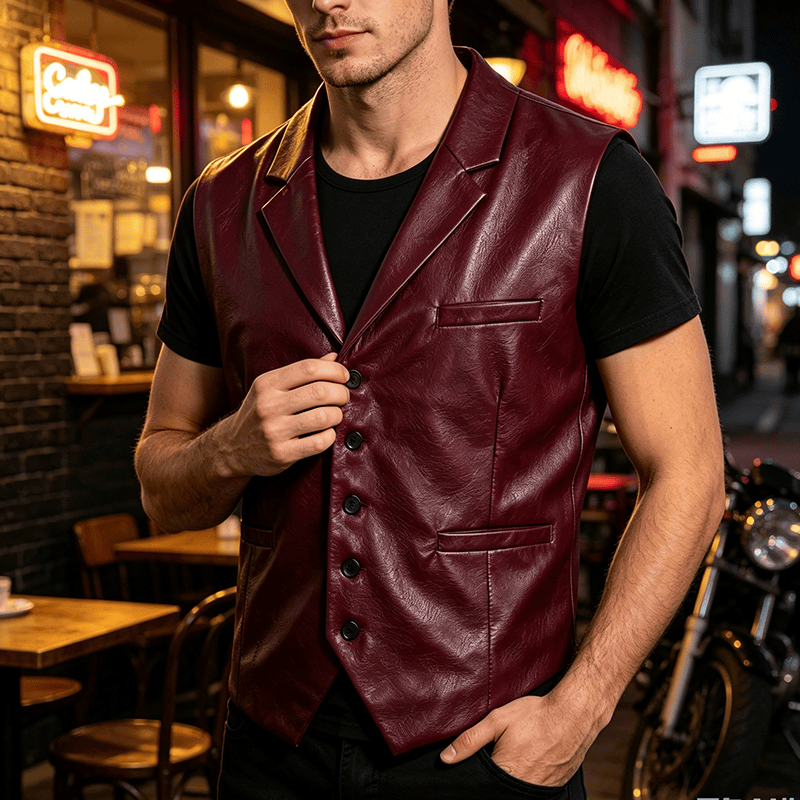 Gilet da uomo in pelle stile western vintage con revers a tacca - Vino - 2XL - image 5
