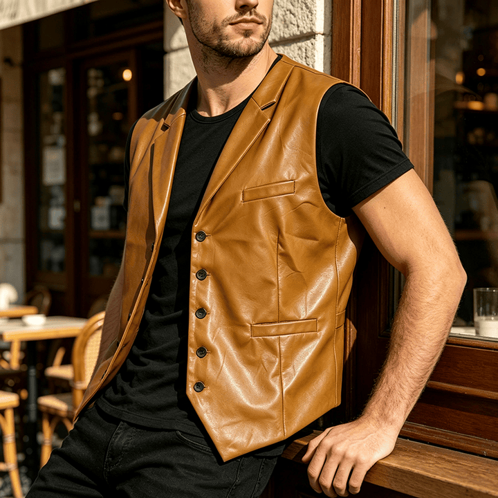 Gilet da uomo in pelle stile western vintage con revers a tacca - Cachi - 2XL - image 0