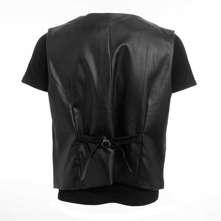 Gilet da uomo in pelle nera tinta unita, casual, da strada - image 10
