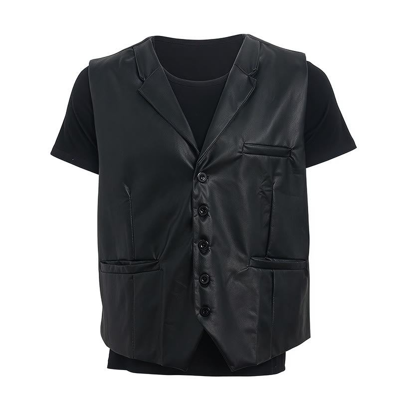 Gilet da uomo in pelle nera tinta unita, casual, da strada - image 9