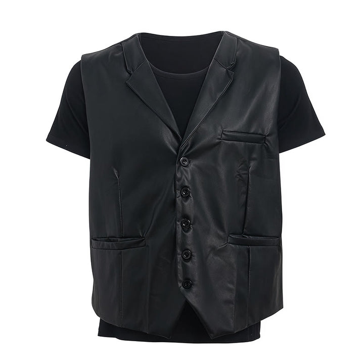 Gilet da uomo in pelle nera tinta unita, casual, da strada - image 9