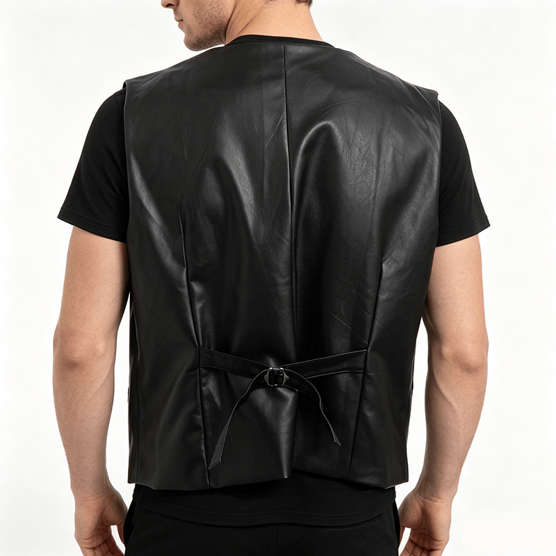 Gilet da uomo in pelle nera tinta unita, casual, da strada - image 3