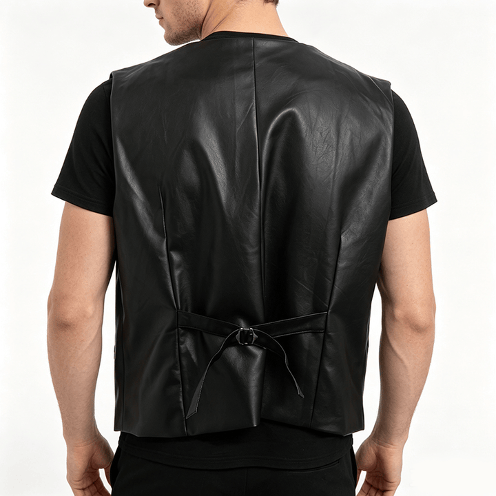 Gilet da uomo in pelle nera tinta unita, casual, da strada - image 3
