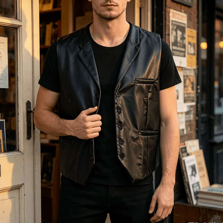 Gilet da uomo in pelle nera tinta unita, casual, da strada - Nero - 3XL - image 0
