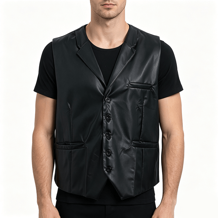 Gilet da uomo in pelle nera tinta unita, casual, da strada - image 1