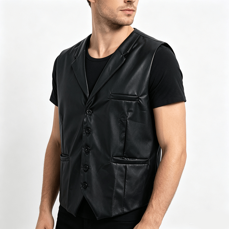 Gilet da uomo in pelle nera tinta unita, casual, da strada - image 2