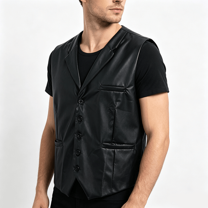 Gilet da uomo in pelle nera tinta unita, casual, da strada - image 2