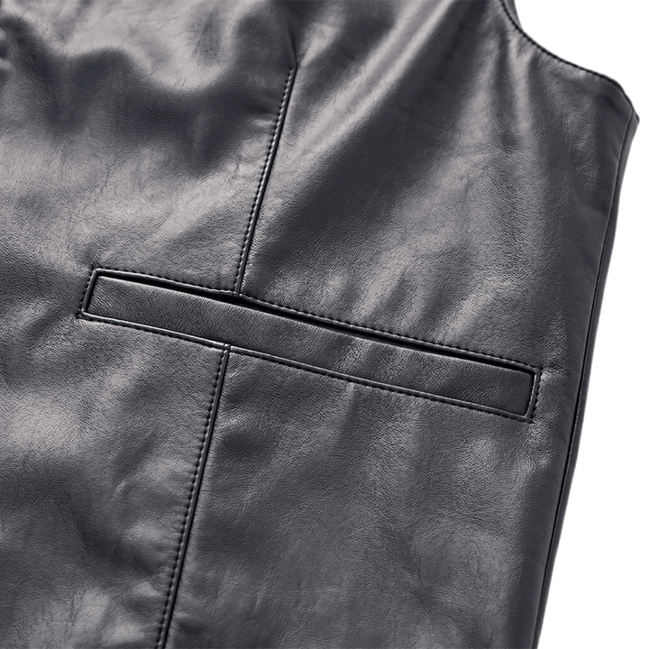 Gilet da uomo in pelle nera tinta unita, casual, da strada - image 6