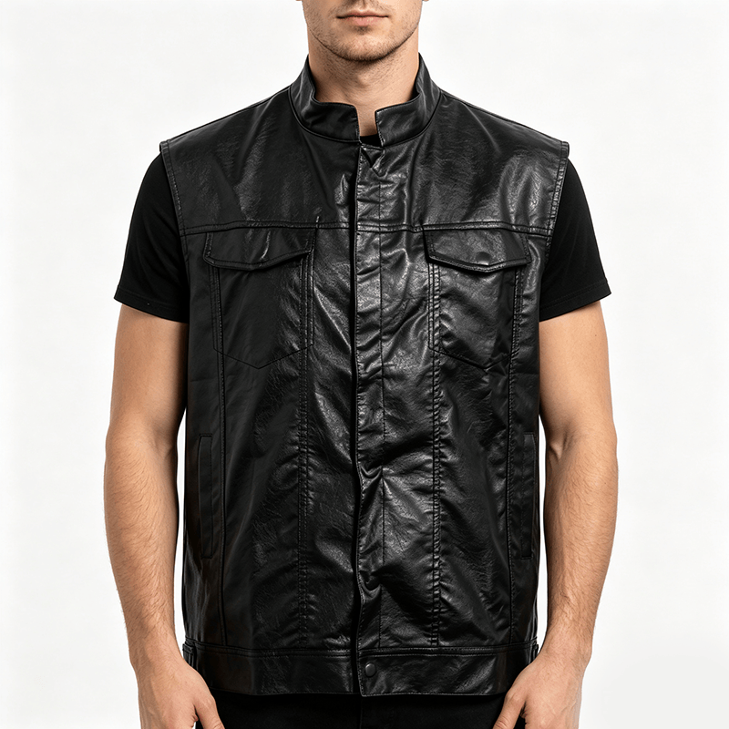 Gilet da uomo in pelle nera tinta unita stile hip hop vintage da motociclista con tasca a patta. - image 1