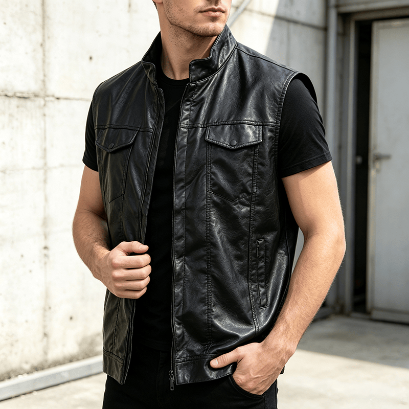 Gilet da uomo in pelle nera tinta unita stile hip hop vintage da motociclista con tasca a patta. - Nero - 3XL - image 0