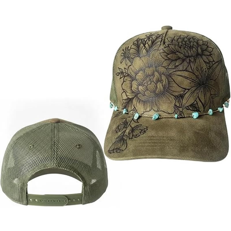 Cappellino da baseball in stile western con decorazione floreale bruciata e catena turchese. - image 3