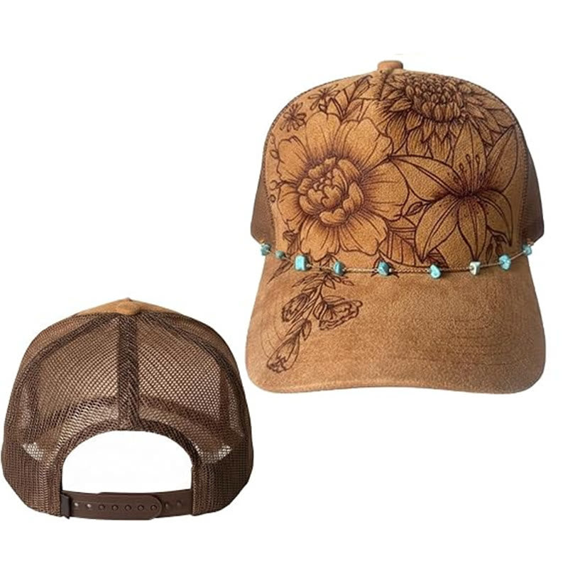 Cappellino da baseball in stile western con decorazione floreale bruciata e catena turchese. - image 1