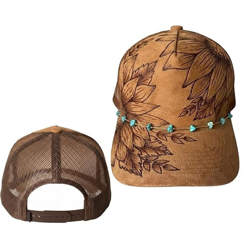 Cappellino da baseball in stile western con decorazione floreale bruciata e catena turchese. - Stile n. 2 / Marrone - Regolabile (21 5/8"-23 5/8") - image 4