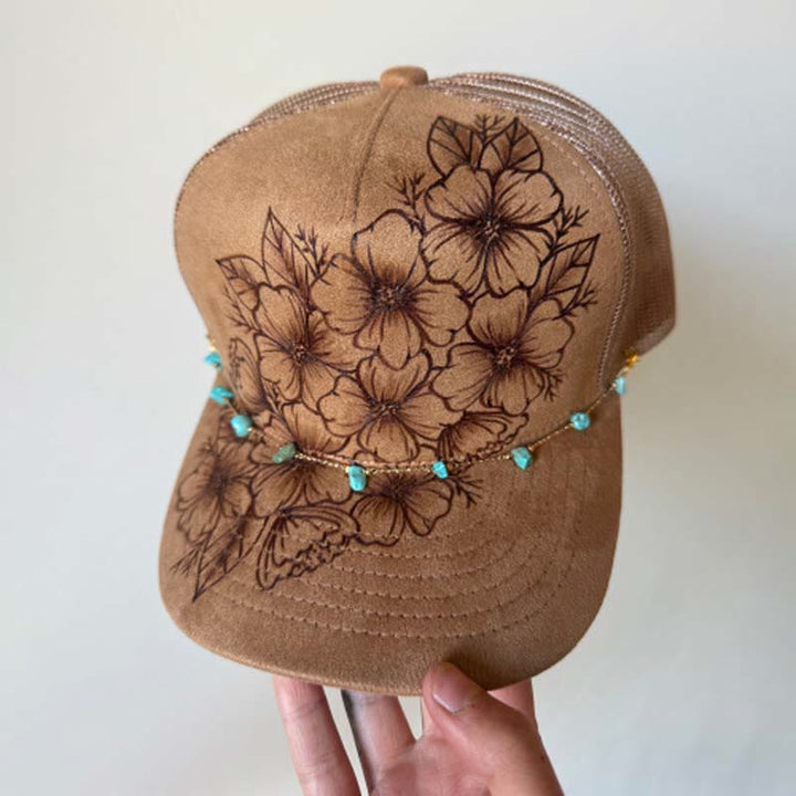 Cappellino da baseball in stile western con decorazione floreale bruciata e catena turchese. - Stile n. 4 / Marrone - Regolabile (21 5/8"-23 5/8") - image 8