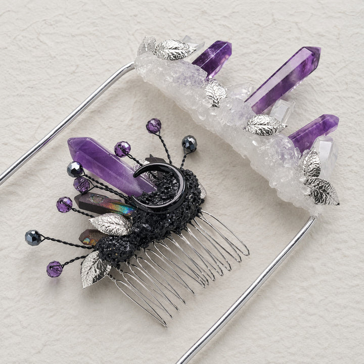 Set composto da boutonnière da taschino per lo sposo e pettine per capelli da sposa con cristalli, realizzati a mano. - Viola scuro - image 12