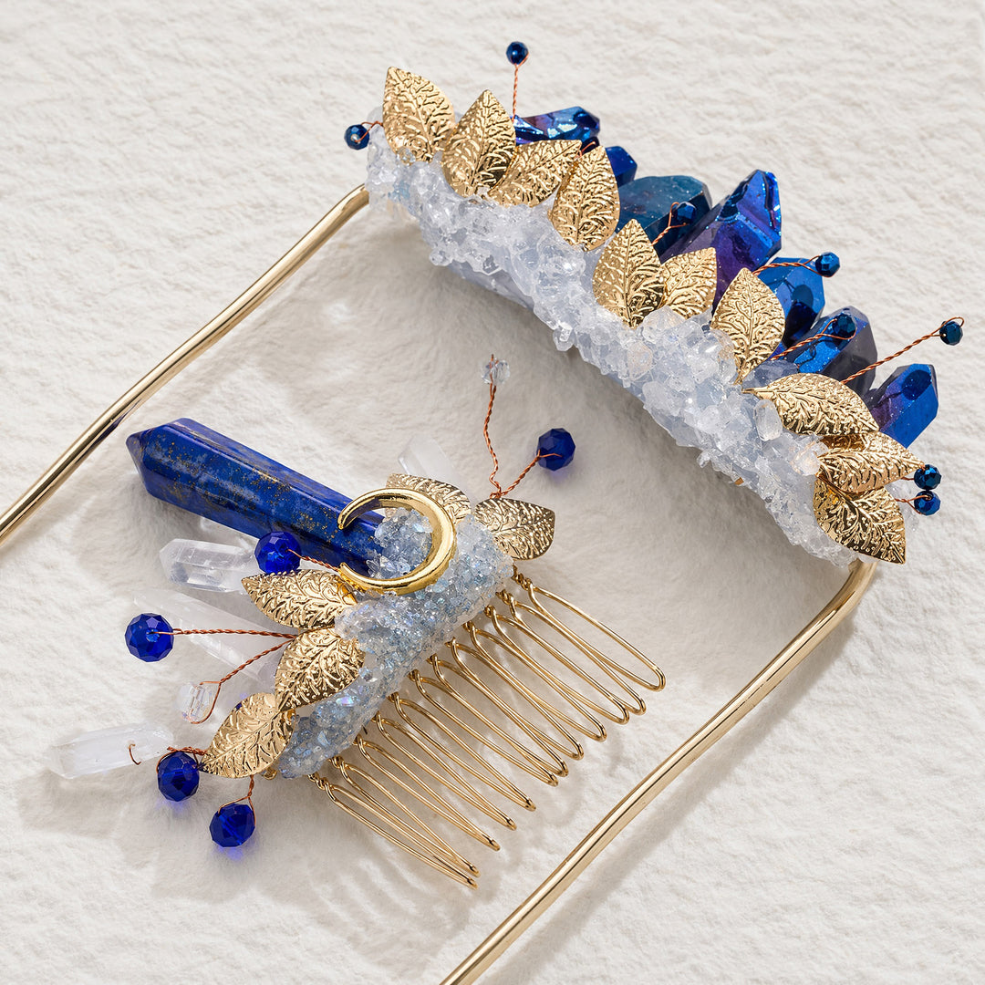 Set composto da boutonnière da taschino per lo sposo e pettine per capelli da sposa con cristalli, realizzati a mano. - Blu e oro - image 4