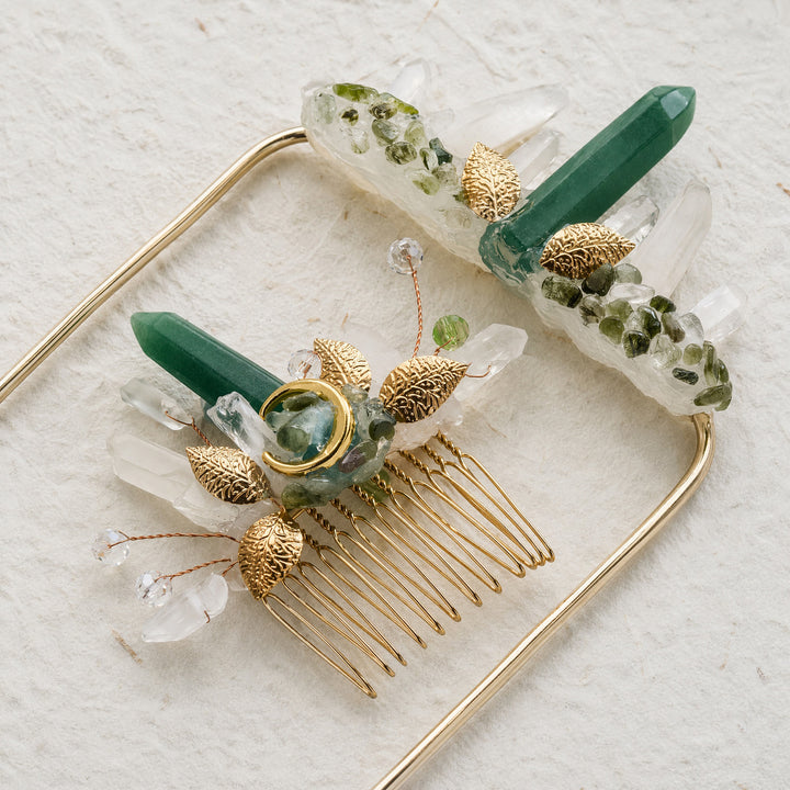 Set composto da boutonnière da taschino per lo sposo e pettine per capelli da sposa con cristalli, realizzati a mano. - Verde e oro - image 10