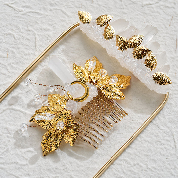 Set composto da boutonnière da taschino per lo sposo e pettine per capelli da sposa con cristalli, realizzati a mano. - Bianco e oro - image 6