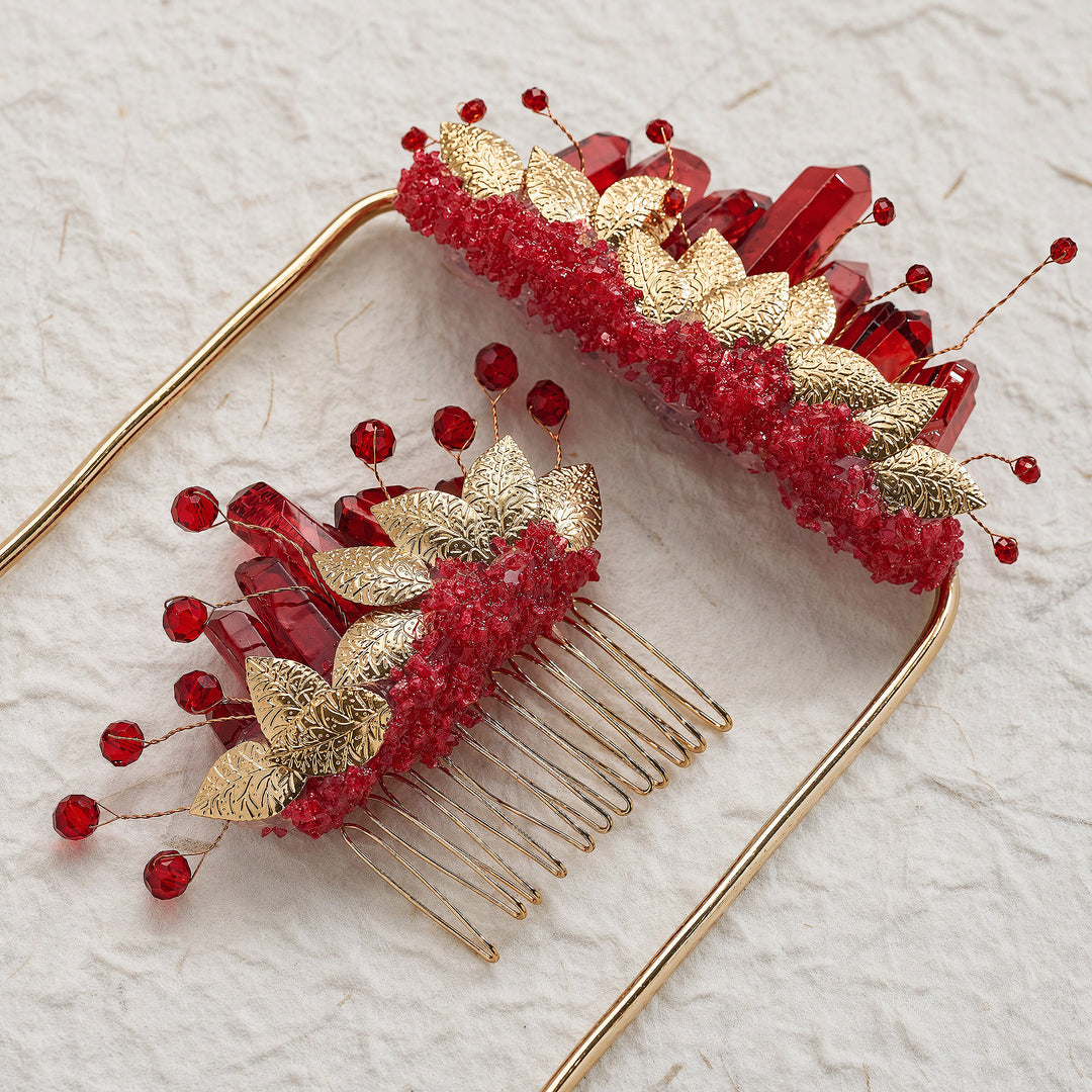 Set composto da boutonnière da taschino per lo sposo e pettine per capelli da sposa con cristalli, realizzati a mano. - Rosso e oro - image 8