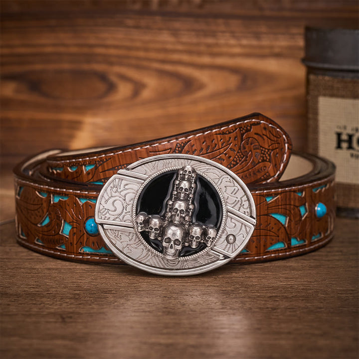 Cintura in pelle con fibbia a coltello pieghevole nascosto, teschio e croce di lusso, stile dark luxury fai-da-te. - Croce con teschio - Cintura turchese intagliata - 42 - image 3