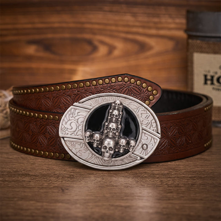 Cintura in pelle con fibbia a coltello pieghevole nascosto, teschio e croce di lusso, stile dark luxury fai-da-te. - Croce con teschio - Cintura con rivetti marroni - 42 - image 4