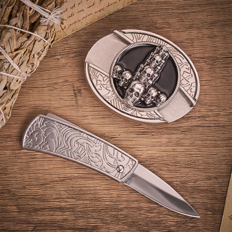 Cintura in pelle con fibbia a coltello pieghevole nascosto, teschio e croce di lusso, stile dark luxury fai-da-te. - image 1