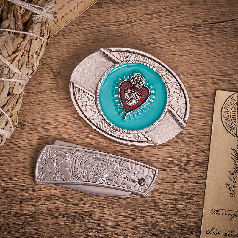 Cintura in pelle con fibbia a coltello pieghevole nascosto in smalto turchese Rose & Evil Eye - image 9