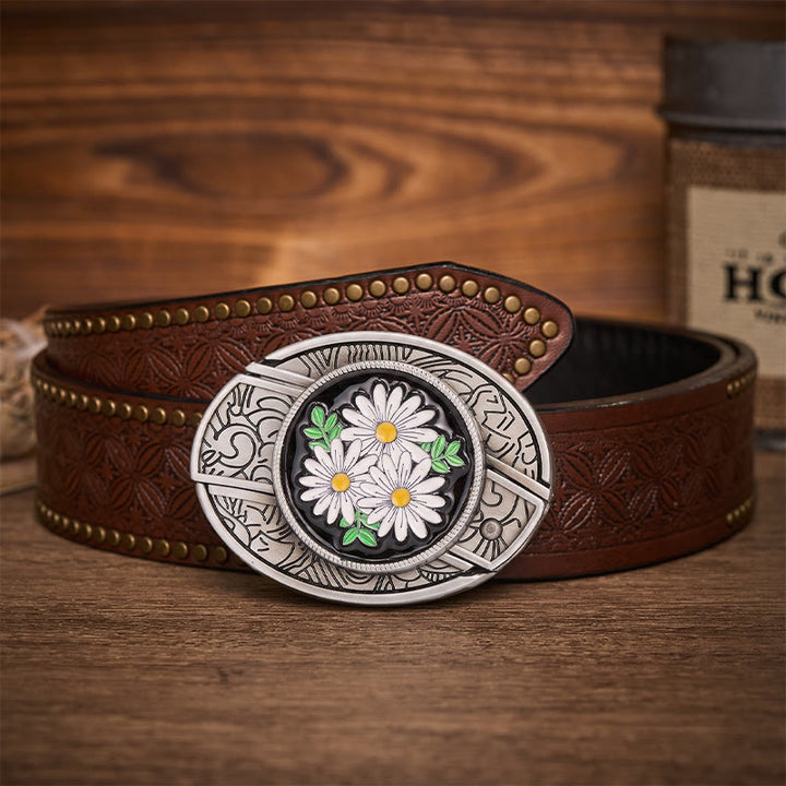 Cintura in pelle con fibbia a coltello pieghevole nascosto White Daisy Daydream - Margherita bianca - Cintura con rivetti marroni - 42 - image 4