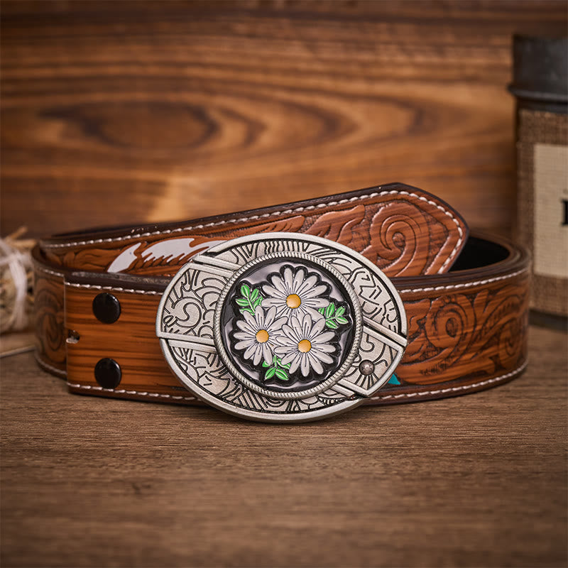 Cintura in pelle con fibbia a coltello pieghevole nascosto White Daisy Daydream - Margherita bianca - Cintura di piume marroni - 40 - image 7