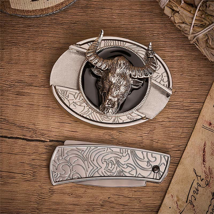 Cintura in pelle con fibbia a coltello pieghevole nascosto a forma di testa di toro Longhorn Legend. - image 10
