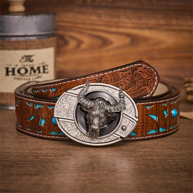 Cintura in pelle con fibbia a coltello pieghevole nascosto a forma di testa di toro Longhorn Legend. - Toro dalle lunghe corna - Cintura turchese intagliata - 42 - image 3