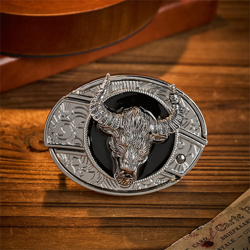 Cintura in pelle con fibbia a coltello pieghevole nascosto a forma di testa di toro Longhorn Legend. - Toro dalle lunghe corna - Senza cintura - Cintura non inclusa - image 0