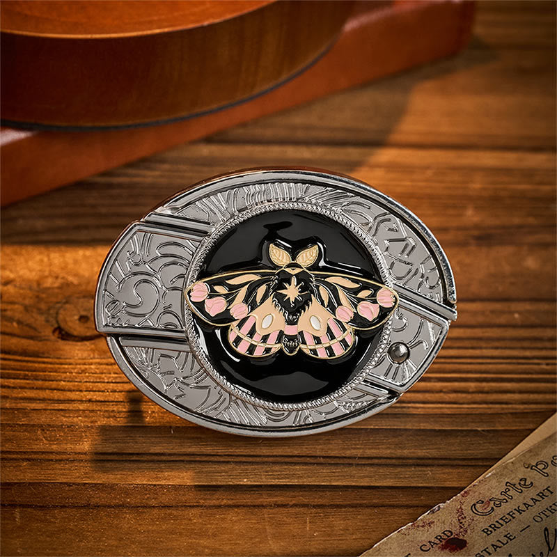 Cintura in pelle con fibbia a coltello pieghevole nascosto Mystic Moth rosa e oro - Falena - Senza cintura - Cintura non inclusa - image 0