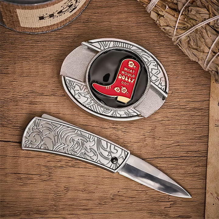 Cintura in pelle con fibbia a coltello pieghevole nascosto in uno stivale da cowboy rosso. - image 1