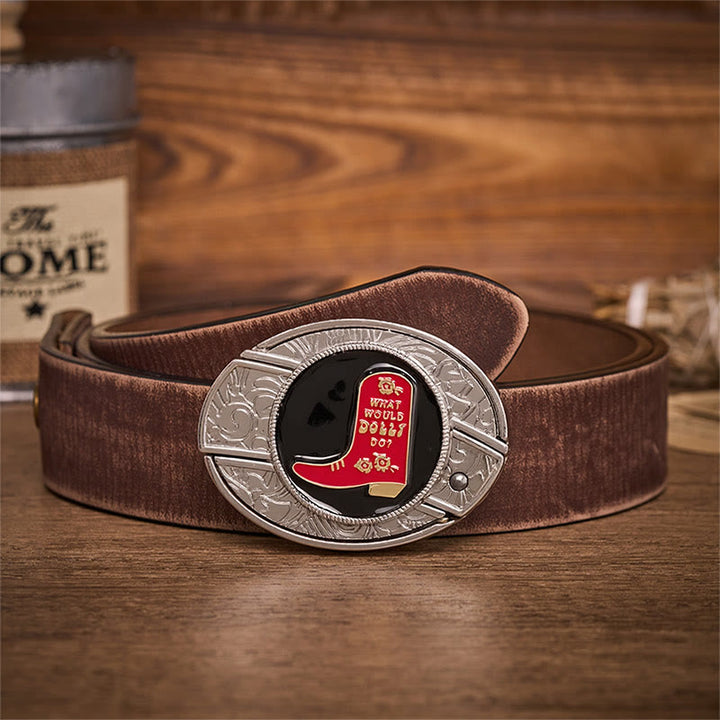 Cintura in pelle con fibbia a coltello pieghevole nascosto in uno stivale da cowboy rosso. - Stivale da cowboy rosso - Cintura marrone effetto invecchiato - 42 - image 5