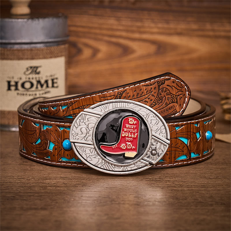 Cintura in pelle con fibbia a coltello pieghevole nascosto in uno stivale da cowboy rosso. - Stivale da cowboy rosso - Cintura turchese intagliata - 42 - image 3
