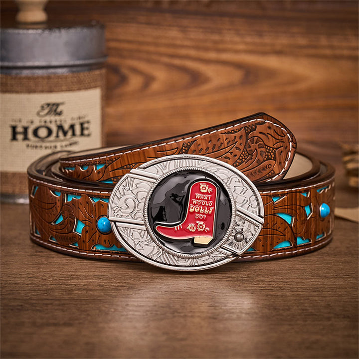 Cintura in pelle con fibbia a coltello pieghevole nascosto in uno stivale da cowboy rosso. - Stivale da cowboy rosso - Cintura turchese intagliata - 42 - image 3