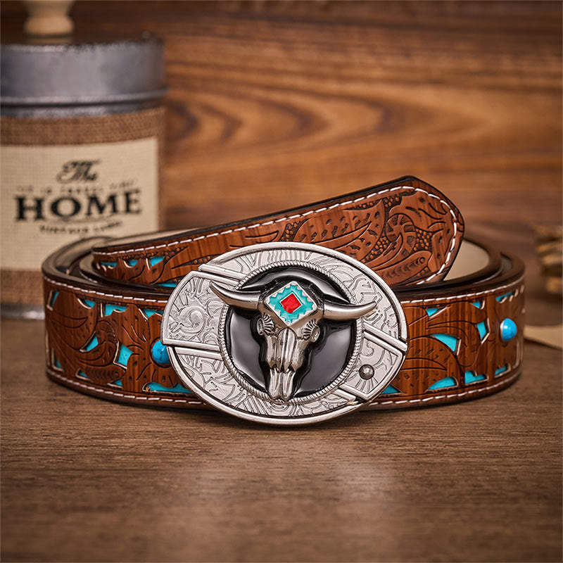 Cintura in pelle con fibbia a forma di teschio di toro azteco e coltello pieghevole nascosto, spirito del deserto. - Toro azteco - Cintura turchese intagliata - 42 - image 3