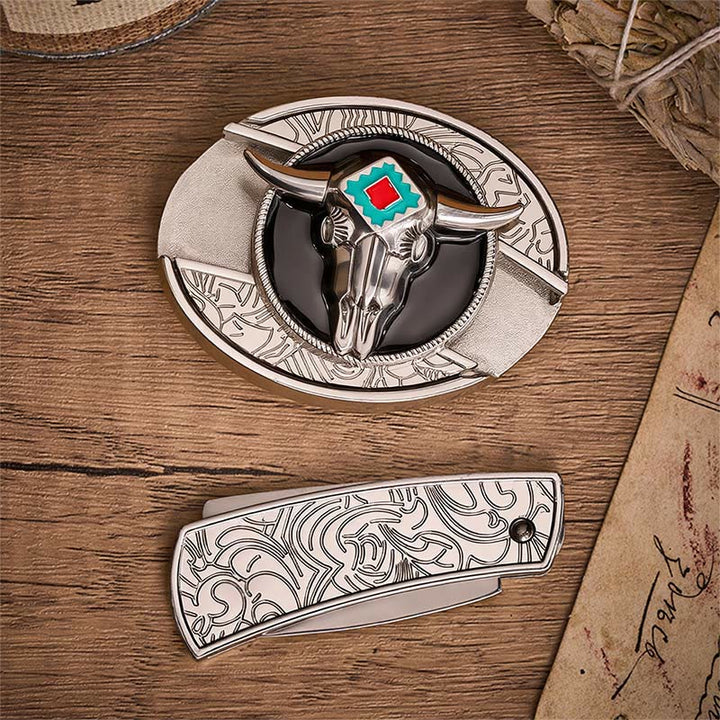 Cintura in pelle con fibbia a forma di teschio di toro azteco e coltello pieghevole nascosto, spirito del deserto. - image 10