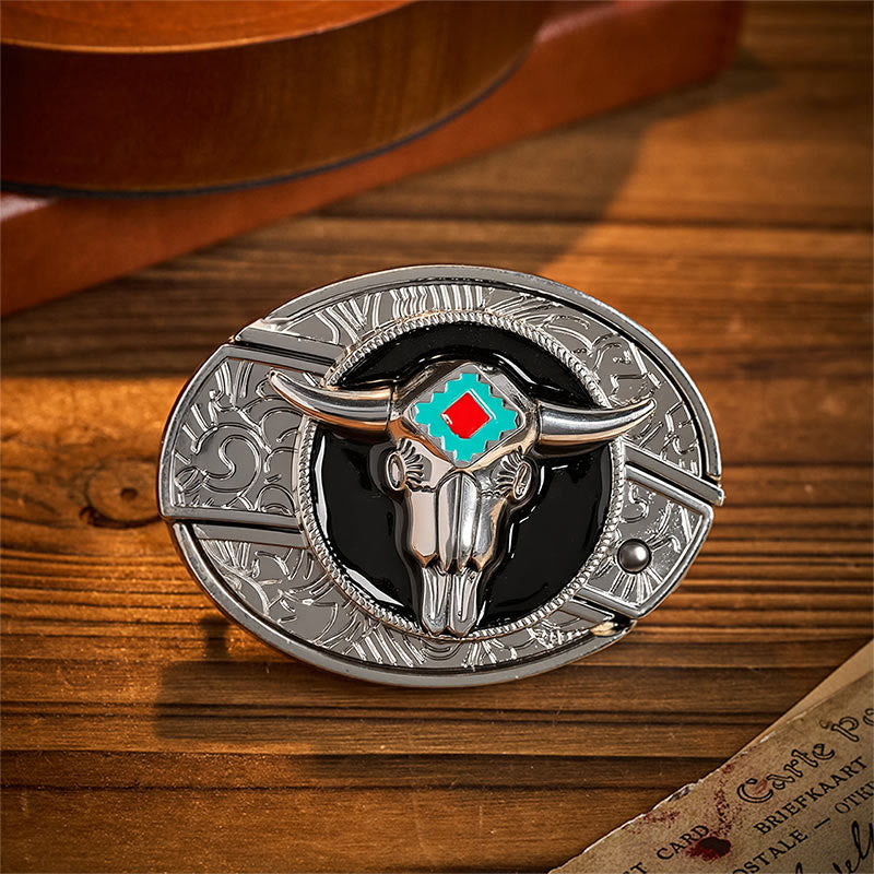 Cintura in pelle con fibbia a forma di teschio di toro azteco e coltello pieghevole nascosto, spirito del deserto. - Toro azteco - Senza cintura - Cintura non inclusa - image 0