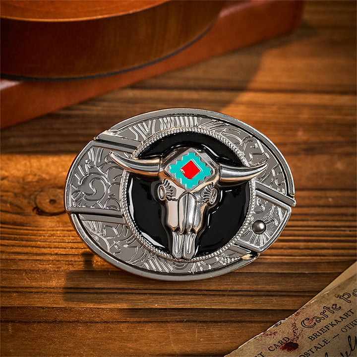 Cintura in pelle con fibbia a forma di teschio di toro azteco e coltello pieghevole nascosto, spirito del deserto. - Toro azteco - Senza cintura - Cintura non inclusa - image 0