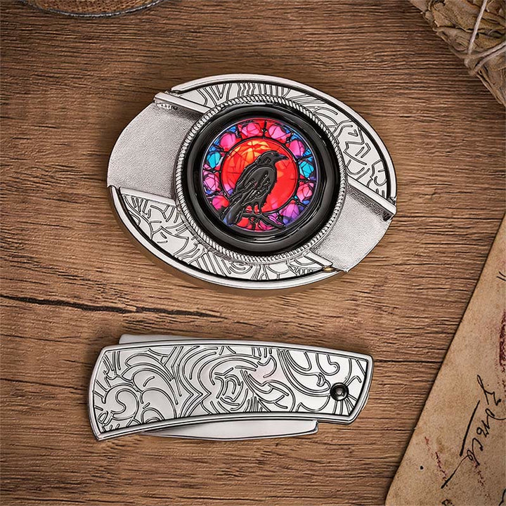 Cintura in pelle con fibbia a coltello pieghevole nascosto Midnight Raven Window. - image 10