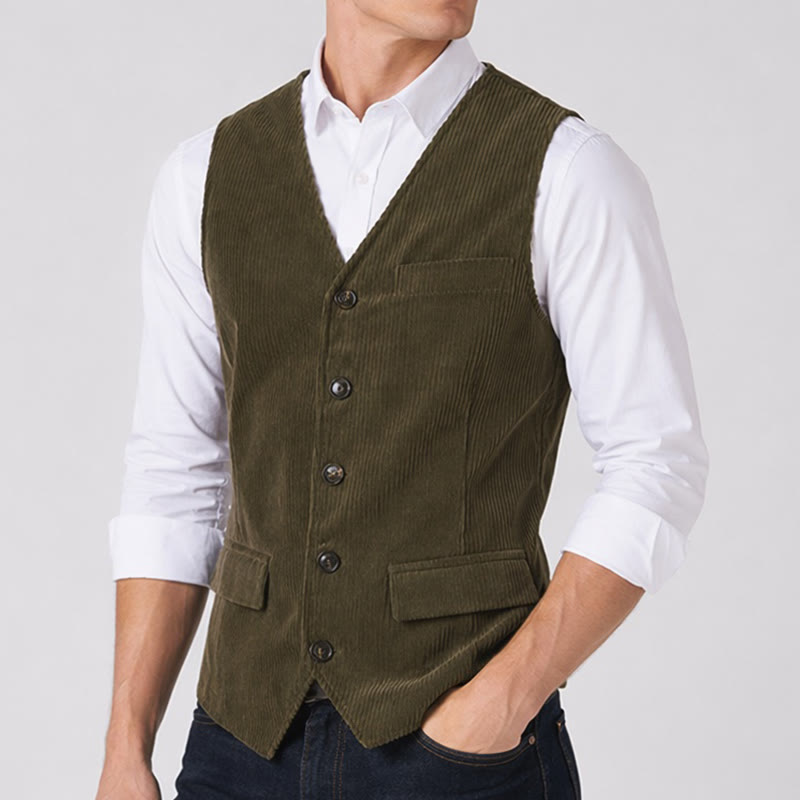 Gilet minimalista in velluto a coste con scollo a V in stile retrò Ivy League. - image 3