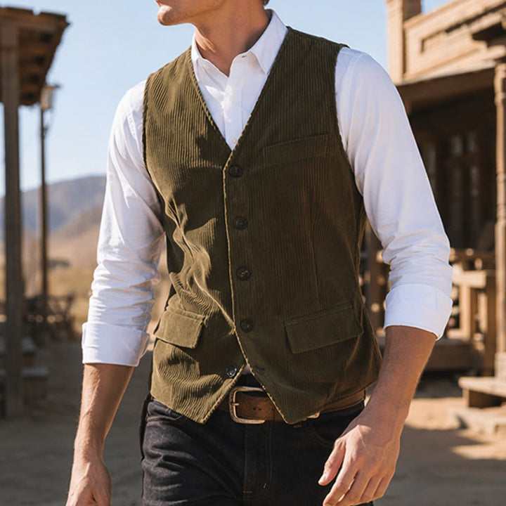 Gilet minimalista in velluto a coste con scollo a V in stile retrò Ivy League. - Verde militare - XL - image 0