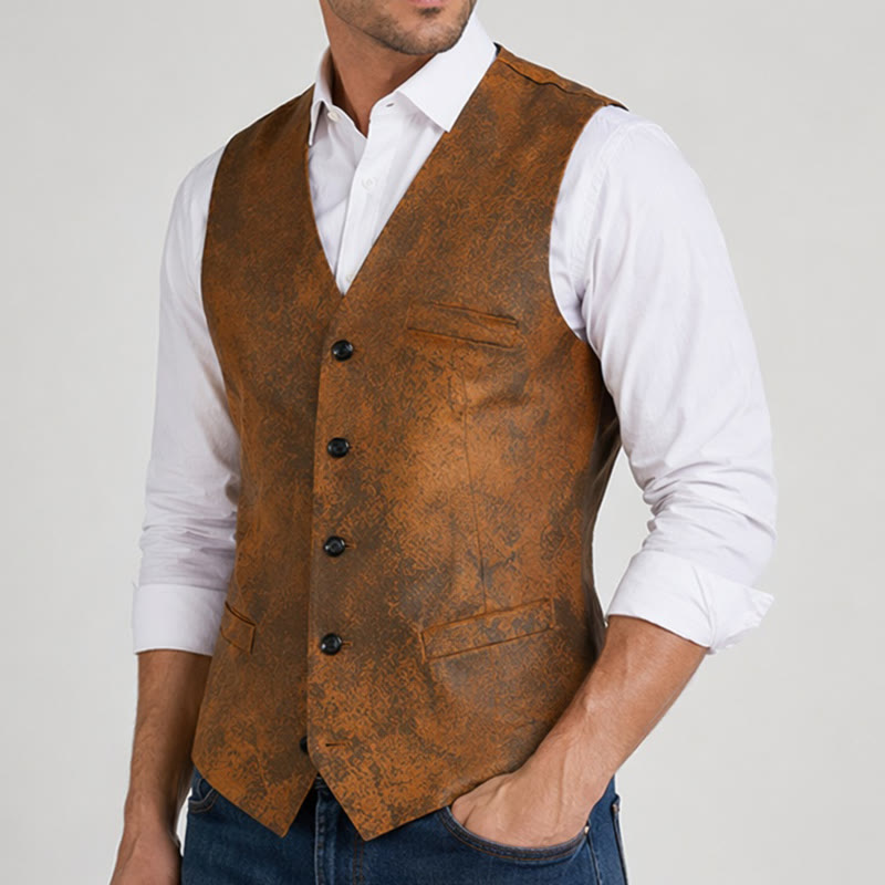 Gilet da uomo in stile western, robusto, con stampa marrone tabacco. - image 3