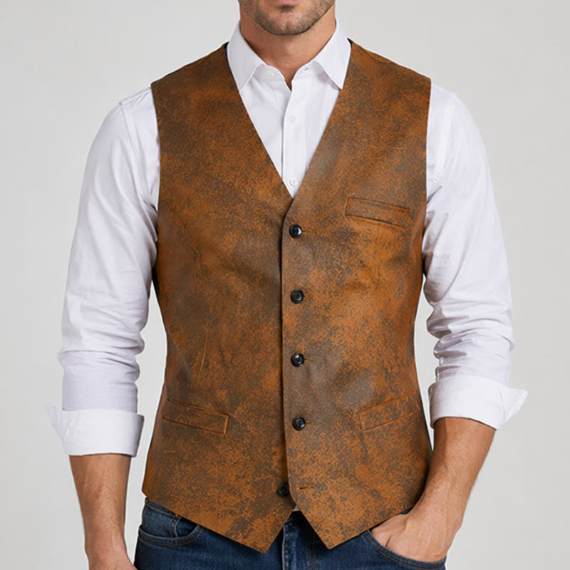 Gilet da uomo in stile western, robusto, con stampa marrone tabacco. - image 1